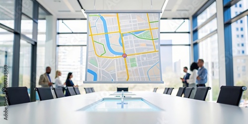 Business meeting with diverse team discussing strategy using city map