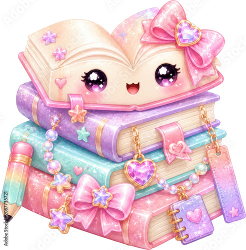 A stack of colorful glittery books with a smiling face and decorative bows