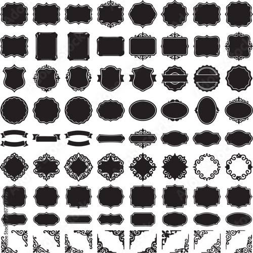 Vintage ornamental frame collection, 64 black decorative labels and borders, antique victorian filigree silhouettes for wedding invitations and branding
