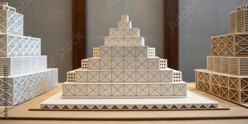 Wooden architectural models of step pyramid buildings displayed indoors
