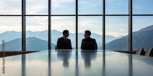 Two businessmen having a meeting with a mountain view through large windows.
