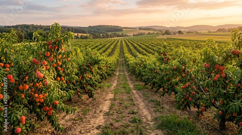 Rows of ripe peaches on trees in a sun-drenched orchard during golden hour, showcasing a bountiful harvest
