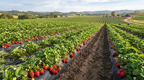 Vast strawberry farm landscape with endless rows of lush green plants bearing ripe red fruit under a clear blue sky, promising a bountiful harvest season