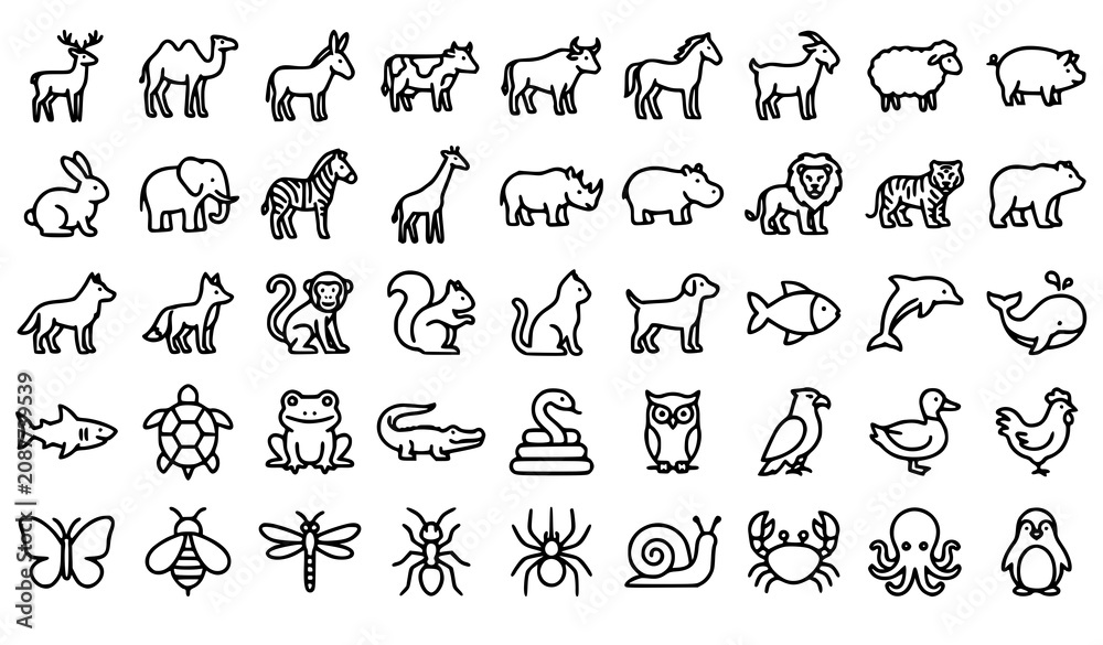 Fototapeta premium 45 Animal Line Icons Set Editable Stroke Wildlife Vector Collection