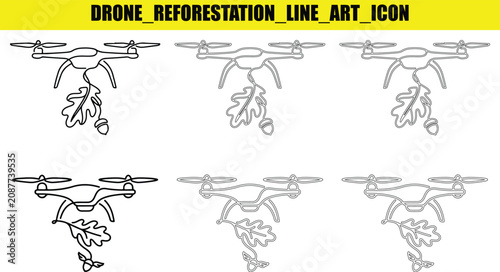 Canvastavla Drone reforestation line art icon set showing quadcopter planting oak leaves and acorns in