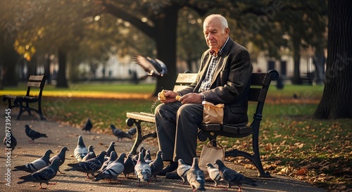 Elderly man sitting on a park bench feeding a flock of pigeons during a peaceful autumn afternoon while enjoying his quiet retirement in the golden sunlight