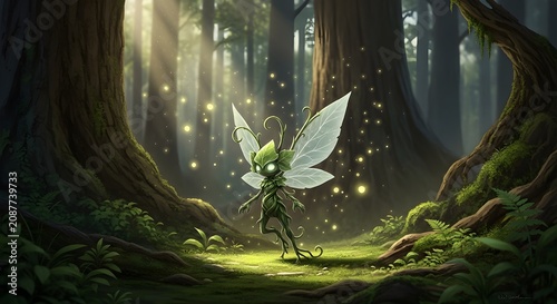 Small forest sprite with glowing leaves and wings floating in a sunlit woodland clearing surrounded by magical golden dust particles in an enchanted forest