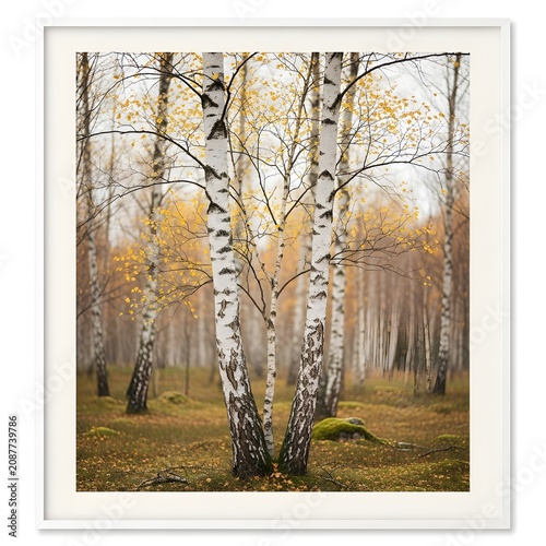 White birch trees stand tall in a serene autumn forest with golden foliage and mossy ground within a decorative white frame for elegant nature wall decor