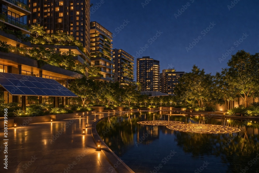 Obraz premium Sustainable smart city eco urban complex at night, modern architecture with solar panels and golden diwali light decoration reflecting on pond