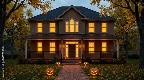 Autumnal two story home with jack o' lanterns for halloween decor