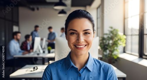 Professional woman smiling in a modern office environment with blurred colleagues working in the background during a bright