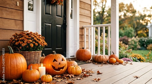 Autumnal halloween porch decor with pumpkins and mums