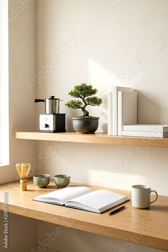 Title: Minimalist home workspace and coffee station with floating wooden desk, blank open book, ceramic mug, bonsai plant, and soft glowing paper lantern