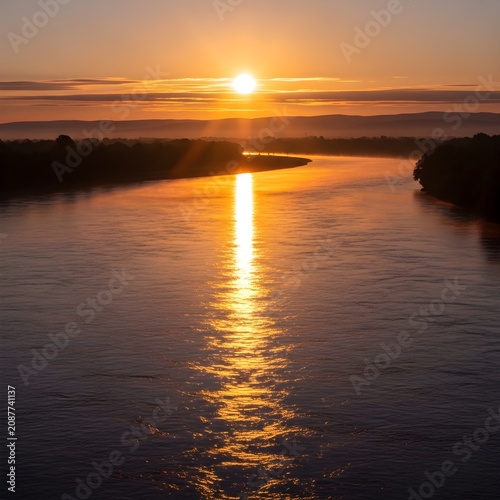 Golden sunrise illuminates a calm winding river flowing through a misty landscape with vibrant orange light reflecting on the tranquil water surface at dawn