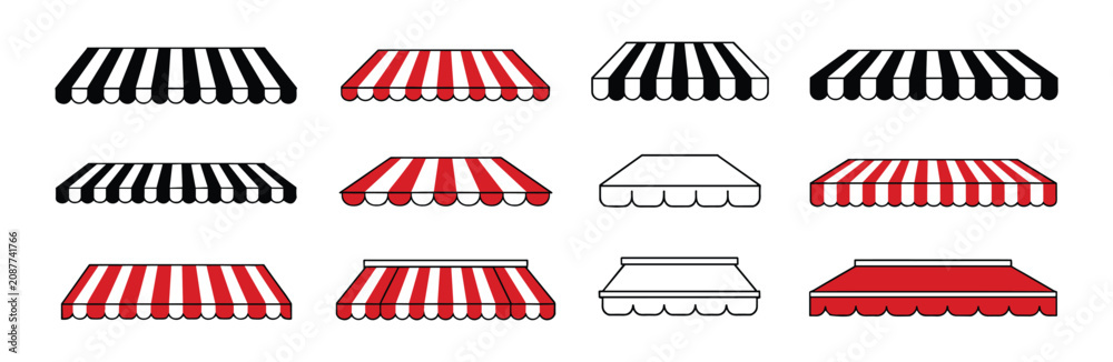 Obraz premium Awnings Collection: A diverse collection of awnings in various patterns and styles, including striped and solid colors.