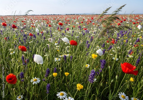 Vibrant meadow filled with colorful wildflowers under a bright summer sky featuring red poppies white daisies and purple lavender in full bloom