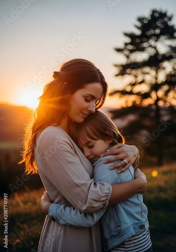 A tender moment of a mother and her young daughter embracing warmly in the soft golden glow of a peaceful sunset in a beautiful outdoor setting