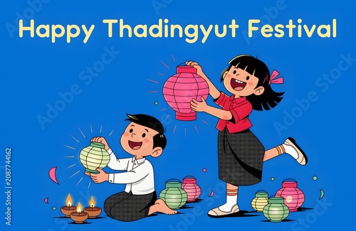 Happy Thadingyut Festival Cartoon Illustration with Children and Lanterns
