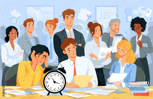 the photo shows an office environment with several people standing around a desk, pointing at one woman who is sitting and holding her head in pain. she appears to be distressed or worried about somet