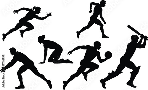 Photos Athlete silhouettes in dynamic sports poses including sprinting, running, cricke