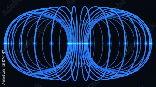 Blue magnetic field lines rotating in a seamless loop science animation.