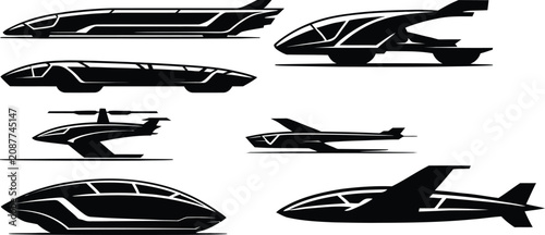 Obraz na płótnie Futuristic vehicle silhouettes collection featuring flying cars, advanced trains