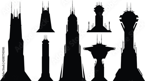 Quadro em tela Futuristic sci fi tower silhouettes with antenna spires and modern architectural