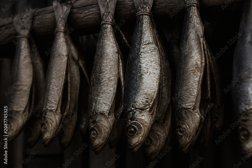Obraz premium Dried fish are hanging from a wooden rack in a dark, rustic setting.
