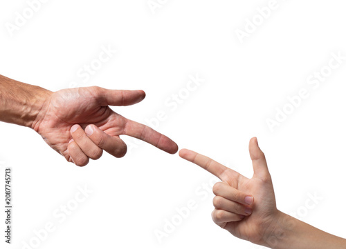 Finger pointing at each other, white background, closeup of hands. Father and child hands, argument or contradiction
