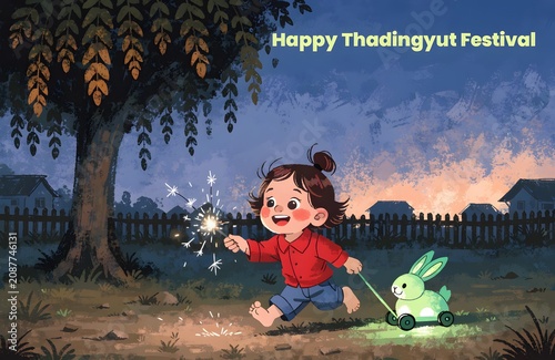 Happy Thadingyut Festival Illustration with Child and Glowing Toy