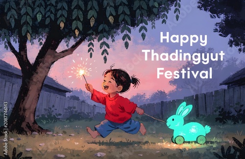 Happy Thadingyut Festival Illustration with Child and Glowing Toy