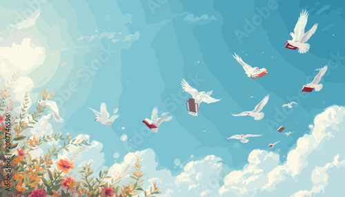 Photos White doves flying gracefully across a serene blue sky with fluffy clouds, carrying small red parcels, above a vibrant field of flowers