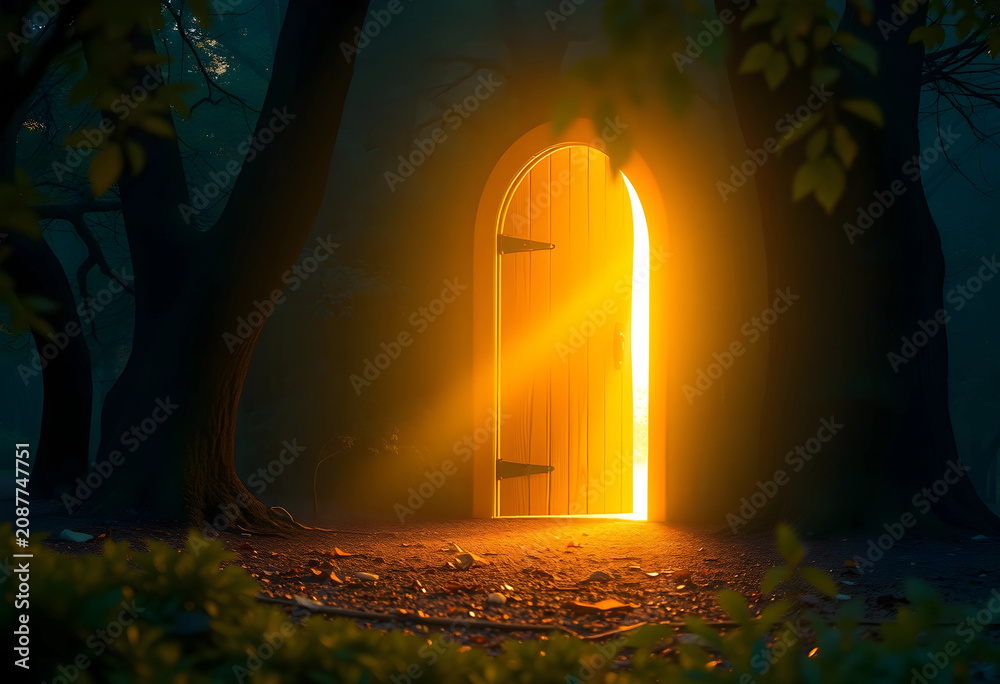 Obraz premium Glowing magical door in dark forest at night