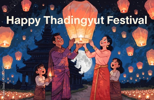Happy Thadingyut Festival Family Illustration with Sky Lanterns