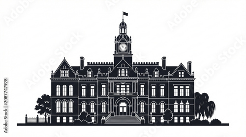 Black and white illustration of old town hall building, clock tower, Victorian architecture style, monochrome graphic