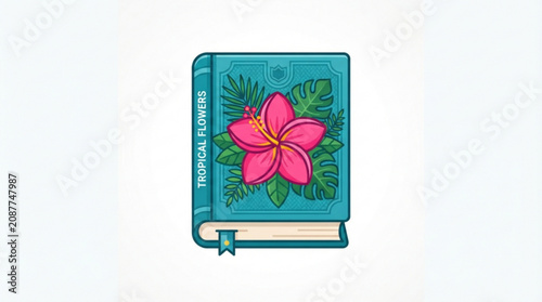 Vector tropical book, floral journal, pink plumeria, green leaves, blue cover