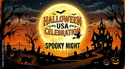 Halloween usa celebration spooky night scene with bats cats and haunted house