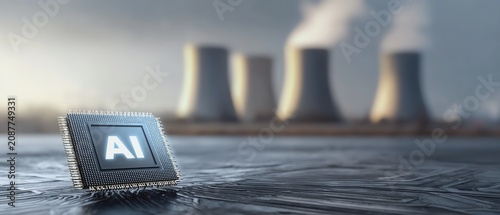 AI chip against industrial landscape background.