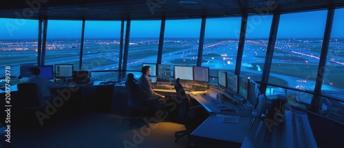 Control tower overseeing airport operations at night.