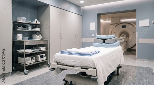 Clean hospital room with a mobile patient examination bed and advanced medical diagnostic imaging equipment