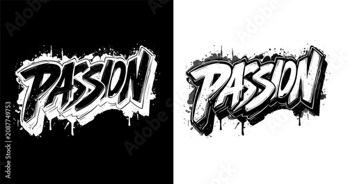 Handwritten PASSION word in rough brush style on split black and transparent background, concept of motivation and energy