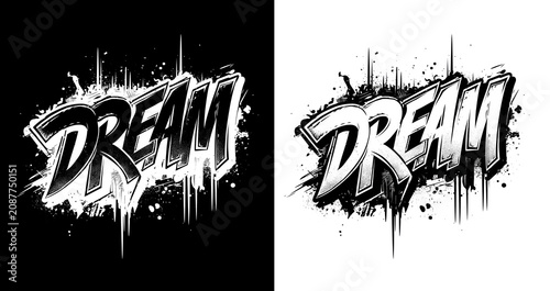 Grunge brush DREAM lettering on split black and transparent background representing motivation and aspiration theme