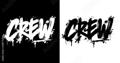 Graffiti style word crew with bold brush strokes shown on split black and transparent background, concept of street art