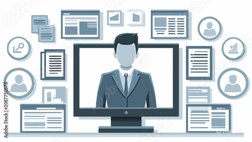 Digital monitor displaying virtual business meeting and UI.