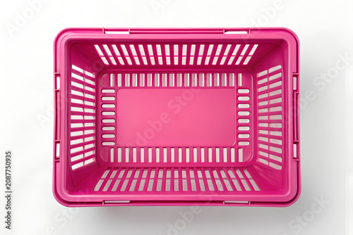 Overhead view of a vibrant Pink plastic shopping basket on png, shopping basket, Pink basket, plastic basket, store basket, supermarket, shopping container, retail, grocery, market, container