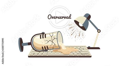 Spilled Drink on Keyboard Under Desk Lamp, Overworked Concept