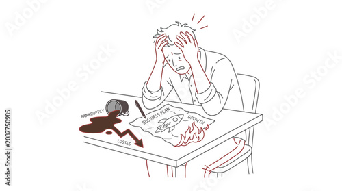 Stressed Businessman with Spilled Coffee and Burning Business Plan