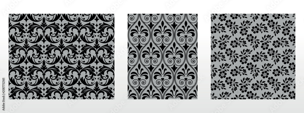 Naklejka premium Geometric floral set of seamless patterns. Gray and black vector backgrounds. Damask graphic ornaments