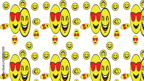 Obraz na płótnie Seamless repeating pattern of yellow smiling emoji faces with sunglasses crescen