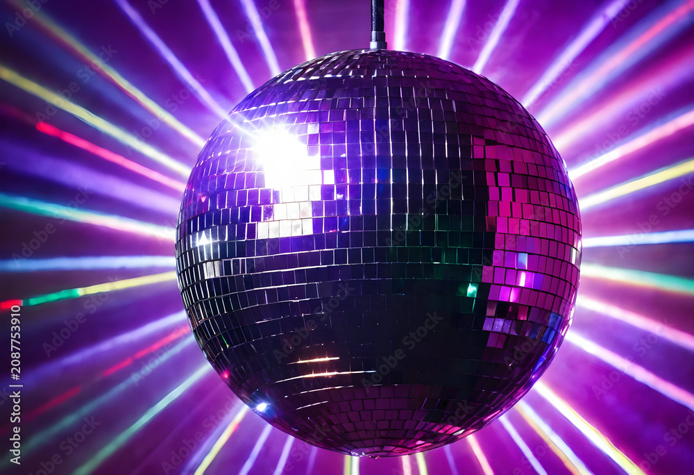 Obraz premium Shiny disco ball with colorful light rays indoors